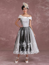 Black Wedding Dresses Vintage Short Bridal Gown Lace Off The Shoulder Polka Dot Print Bridal Dress With Bow At Back Exclusive